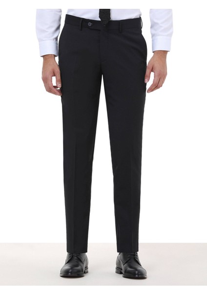 Siyah Düz Dokuma Slim Fit Klasik Yün Karışımlı Pantolon