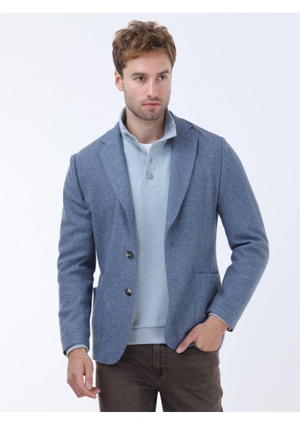Mavi Düz Modern Fit Yün Karışımlı Örme Ceket