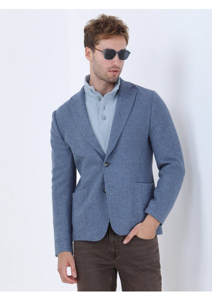 Mavi Düz Modern Fit Yün Karışımlı Örme Ceket modelleri