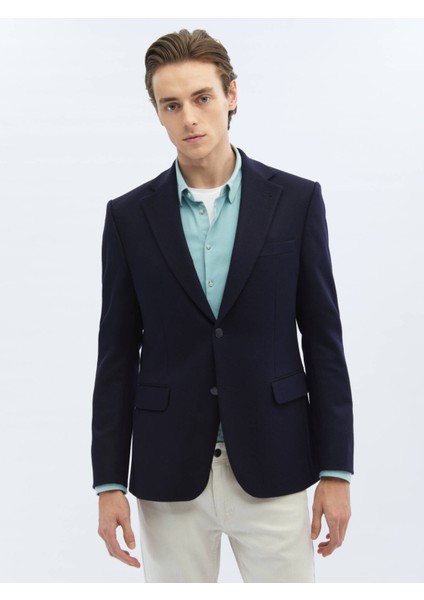 Lacivert Düz Modern Fit Yün Karışımlı Ceket