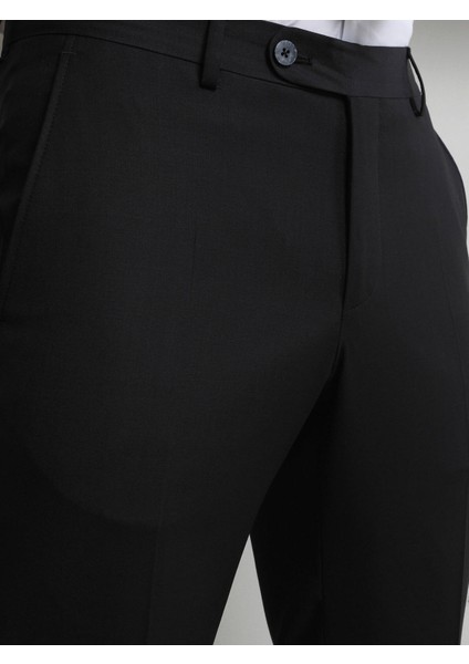 Siyah Düz Dokuma Slim Fit Klasik Yün Karışımlı Pantolon