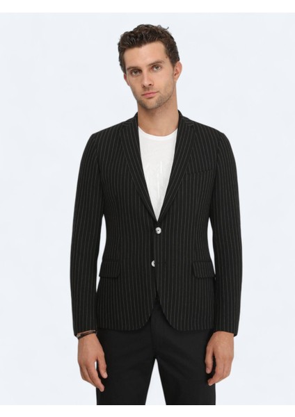 Siyah Çizgili Slim Fit Ceket