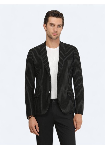 Siyah Çizgili Slim Fit Ceket