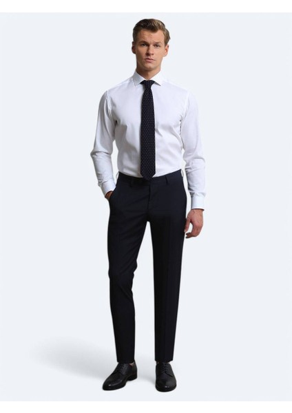 Lacivert Düz Dokuma Slim Fit Klasik Yün Karışımlı Pantolon