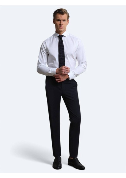 Lacivert Düz Dokuma Slim Fit Klasik Yün Karışımlı Pantolon