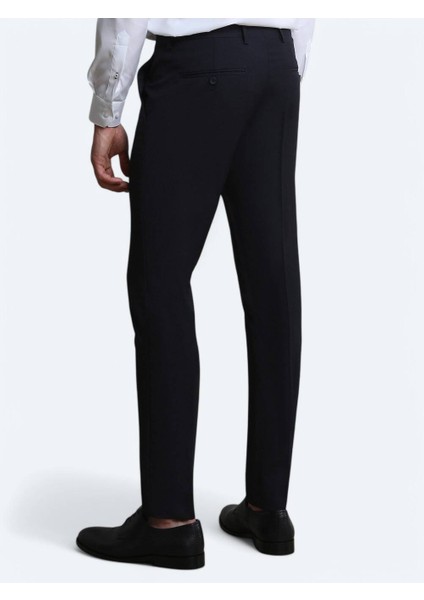 Lacivert Düz Dokuma Slim Fit Klasik Yün Karışımlı Pantolon