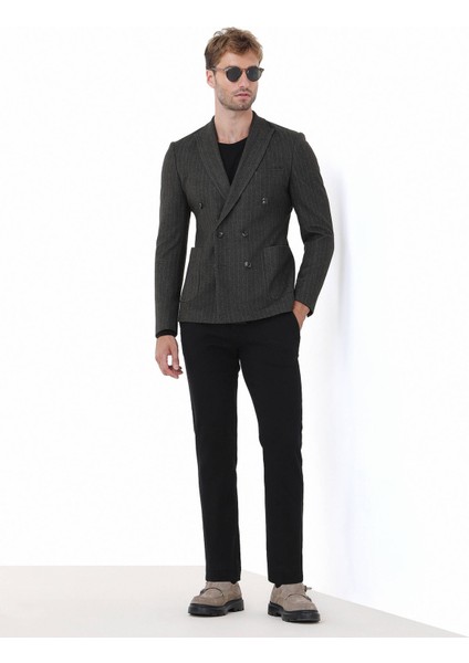 Haki Çizgili Slim Fit Örme Ceket