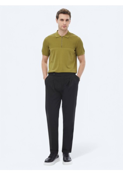 Siyah Düz Dokuma Carrot Fit Smart Casual Pantolon