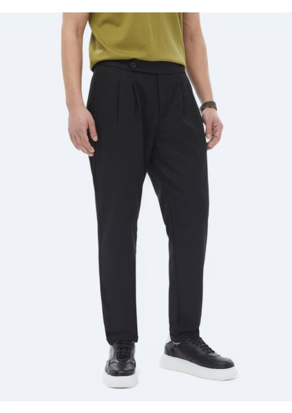 Siyah Düz Dokuma Carrot Fit Smart Casual Pantolon