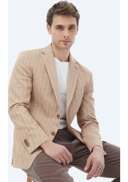 Kiremit Çizgili Modern Fit Pamuk Karışımlı Ceket