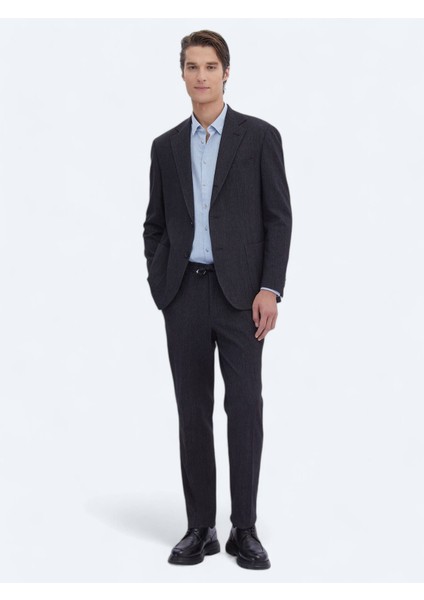 Siyah Düz Modern Fit Pamuk Karışımlı Takım Elbise