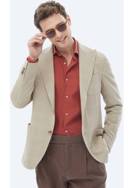 Vizon Kareli Modern Fit Yün Karışımlı Ceket