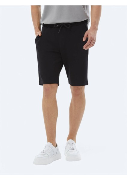 Siyah Düz Örme Jogging Fit Casual Bermuda