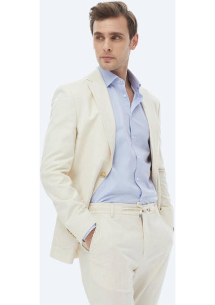 Ekru Desenli Modern Fit Pamuk Karışımlı Takım Elbise