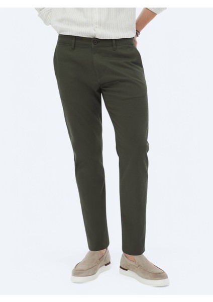 Haki Düz Dokuma Regular Fit Casual Pamuk Karışımlı Pantolon