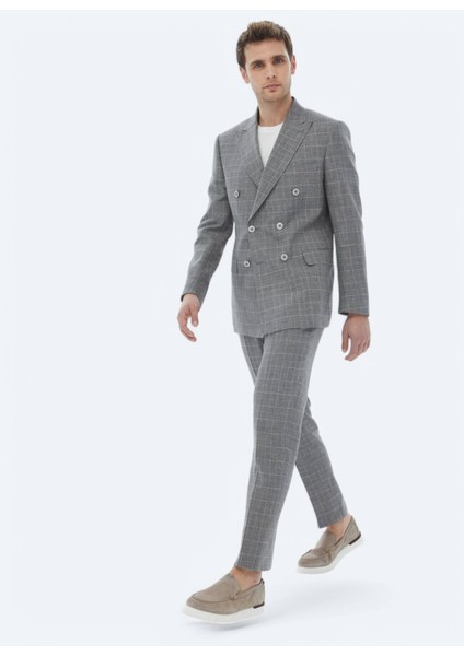 Gri Kareli Slim Fit Pamuk Karışımlı Takım Elbise