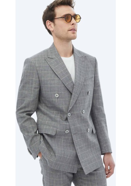 Gri Kareli Slim Fit Pamuk Karışımlı Takım Elbise