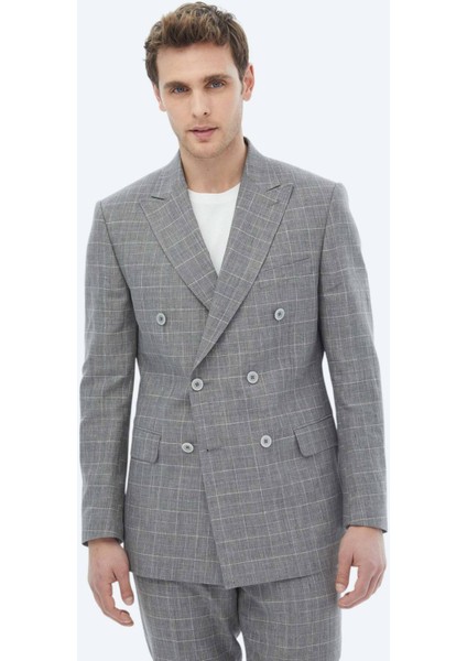 Gri Kareli Slim Fit Pamuk Karışımlı Takım Elbise