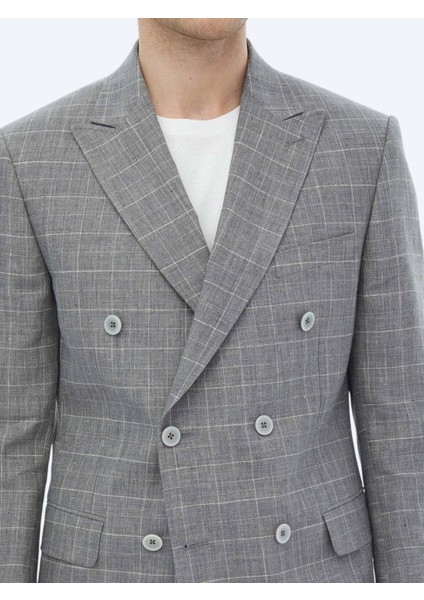 Gri Kareli Slim Fit Pamuk Karışımlı Takım Elbise