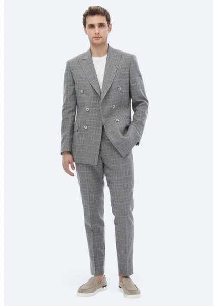 Gri Kareli Slim Fit Pamuk Karışımlı Takım Elbise