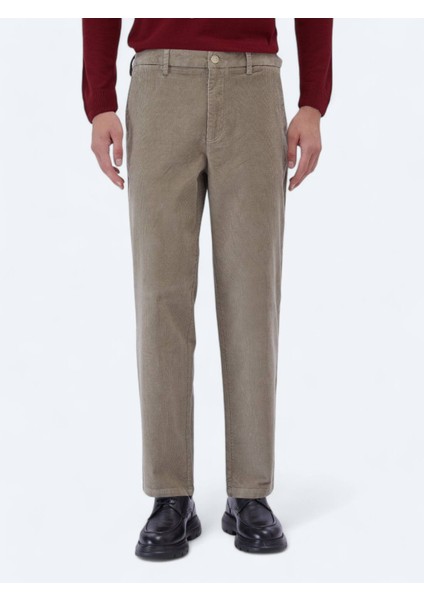 Bej Dokuma Loose Fit Kadife Casual Pamuk Karışımlı Pantolon