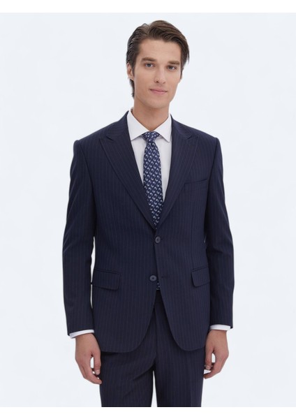 Lacivert Çizgili Modern Fit Çevre Dostu Takım Elbise