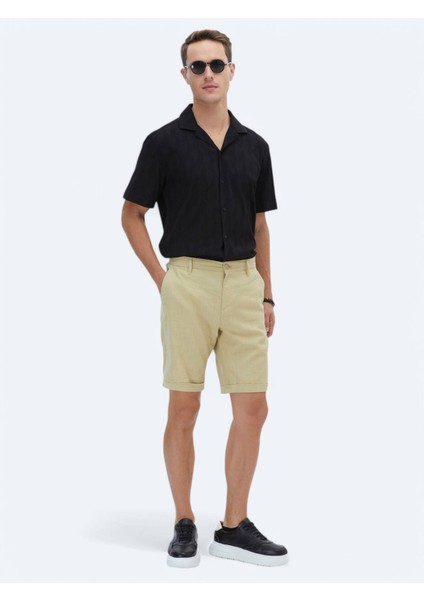 Yağ Yeşili Dokuma Slim Fit Casual Bermuda