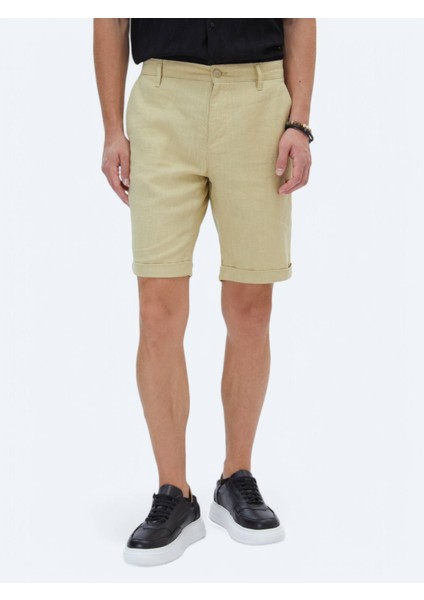 Yağ Yeşili Dokuma Slim Fit Casual Bermuda