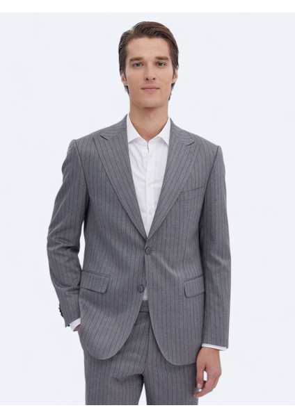Gri Çizgili Modern Fit Takım Elbise