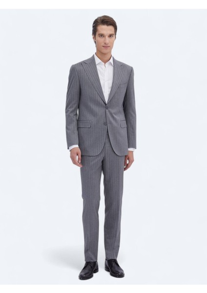 Gri Çizgili Modern Fit Takım Elbise