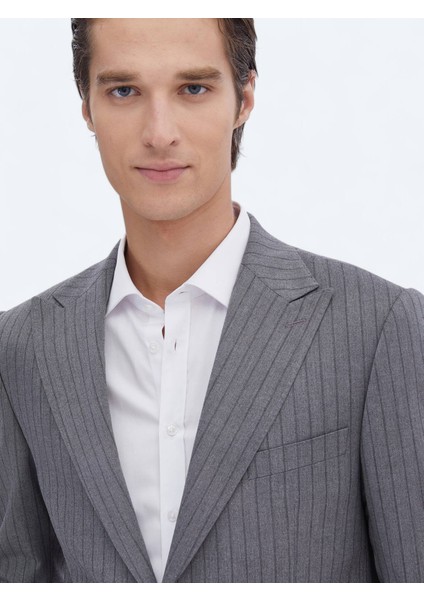 Gri Çizgili Modern Fit Takım Elbise