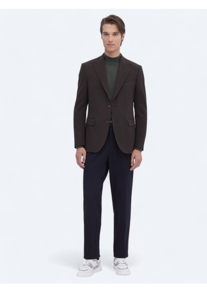 Kahverengi Çizgili Modern Fit Ceket