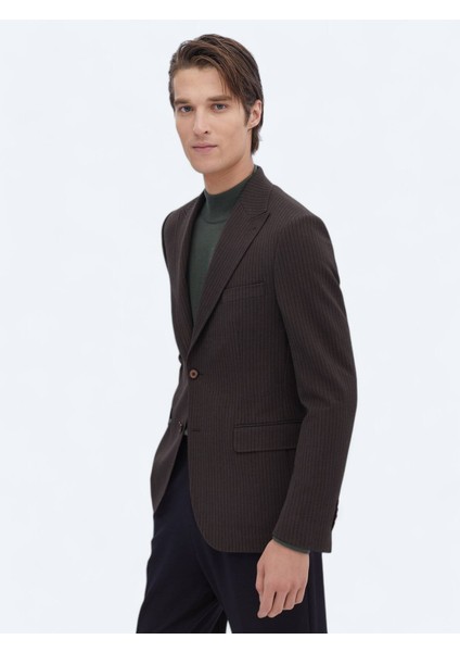 Kahverengi Çizgili Modern Fit Ceket