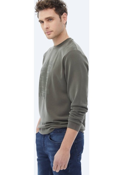 Haki Bisiklet Yaka Baskılı Sweatshırt