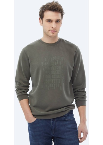 Haki Bisiklet Yaka Baskılı Sweatshırt