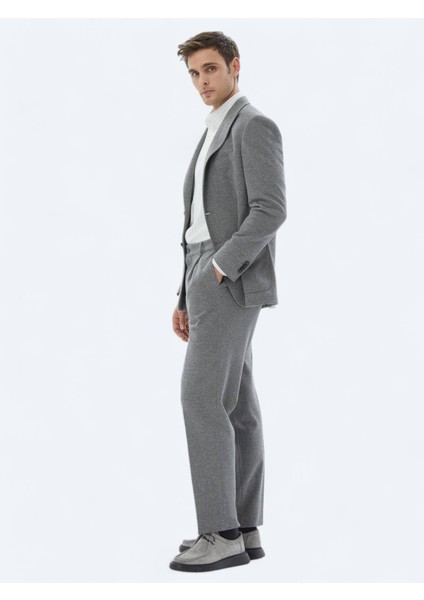 Gri Desenli Modern Fit Pamuk Karışımlı Örme Takım Elbise
