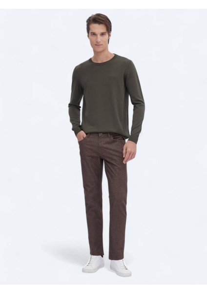 Kahverengi Dokuma Slim Fit Casual Pamuk Karışımlı Pantolon