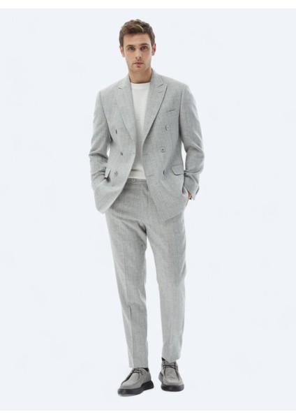 Açık Gri Çizgili Modern Fit Yün Karışımlı Takım Elbise