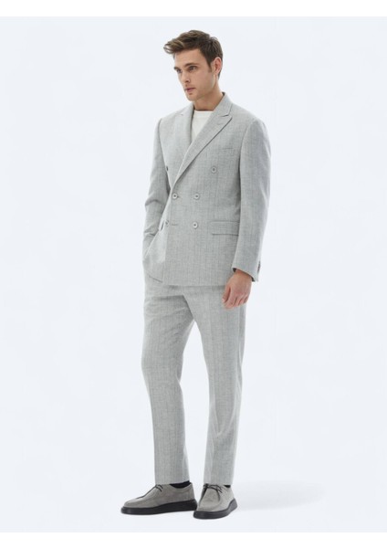 Açık Gri Çizgili Modern Fit Yün Karışımlı Takım Elbise modelleri