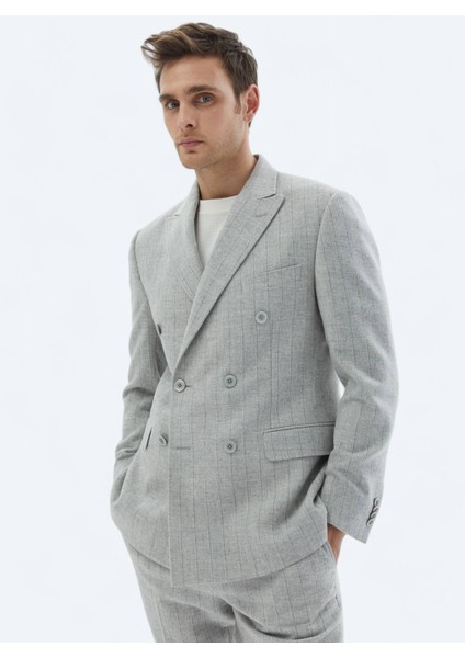 Açık Gri Çizgili Modern Fit Yün Karışımlı Takım Elbise fırsatları