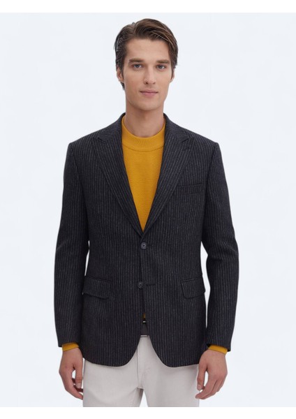 Antrasit Desenli Modern Fit Yün Karışımlı Ceket