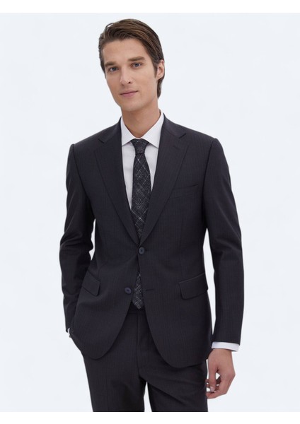 Lacivert Desenli Modern Fit Yün Karışımlı Takım Elbise