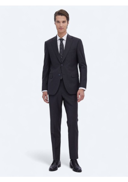 Lacivert Desenli Modern Fit Yün Karışımlı Takım Elbise