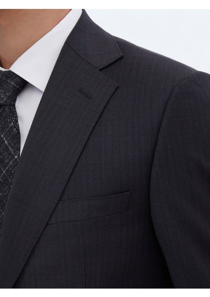 Lacivert Desenli Modern Fit Yün Karışımlı Takım Elbise