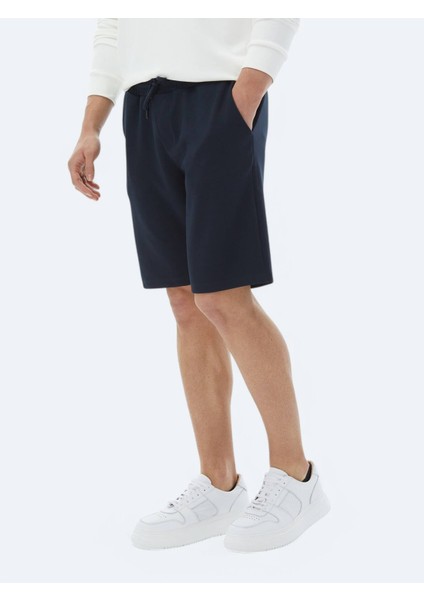 Lacivert Düz Örme Jogging Fit Casual Bermuda