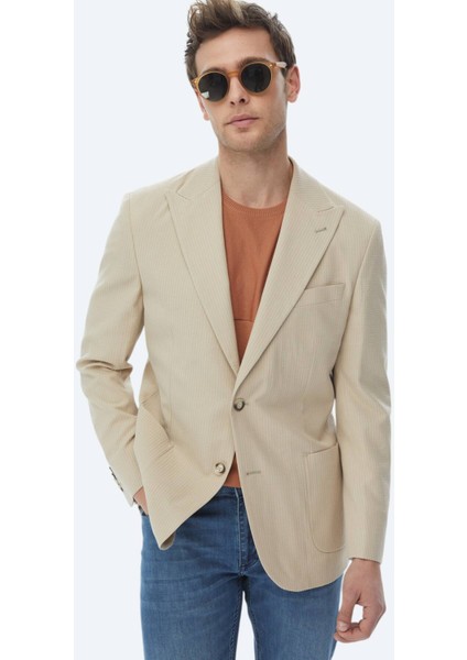 Bej Çizgili Modern Fit Pamuk Karışımlı Ceket