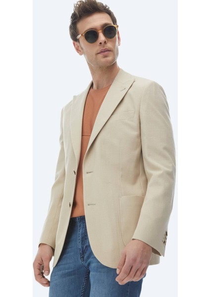 Bej Çizgili Modern Fit Pamuk Karışımlı Ceket