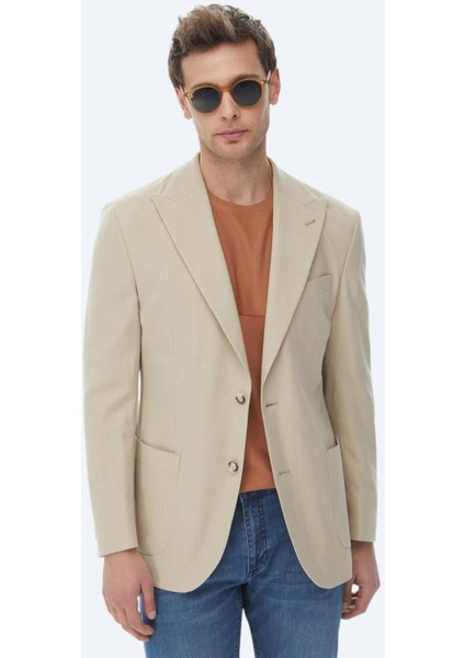 Bej Çizgili Modern Fit Pamuk Karışımlı Ceket