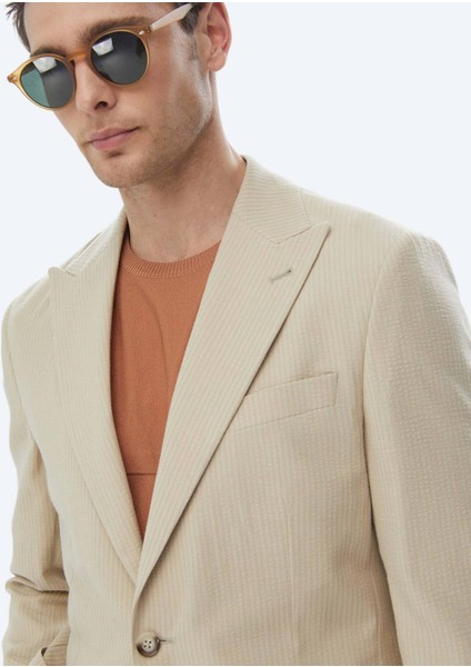 Bej Çizgili Modern Fit Pamuk Karışımlı Ceket