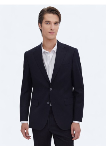 Siyah Düz Modern Fit Yün Karışımlı Takım Elbise